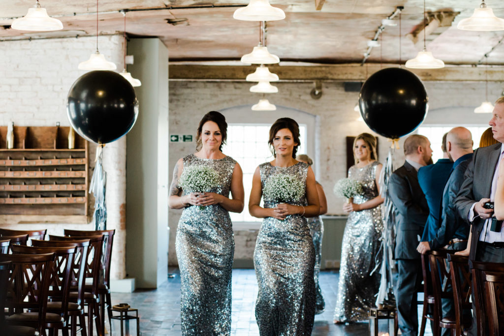 sequin bridesmaids dresses industrial glamour theme wedding