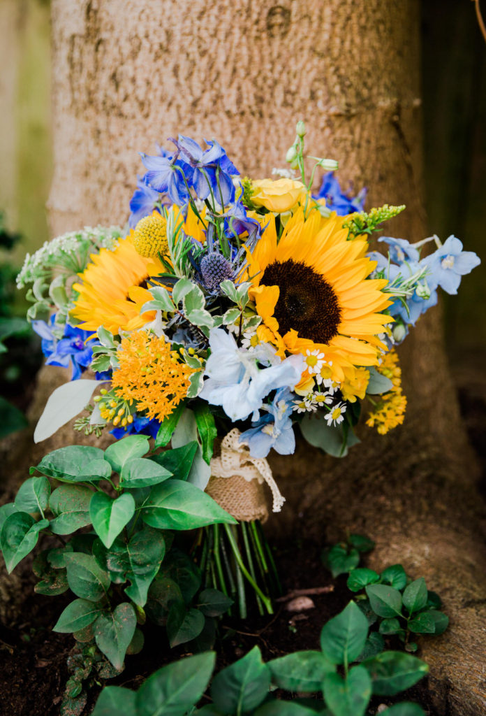 bouquet of yellow and blue flowers