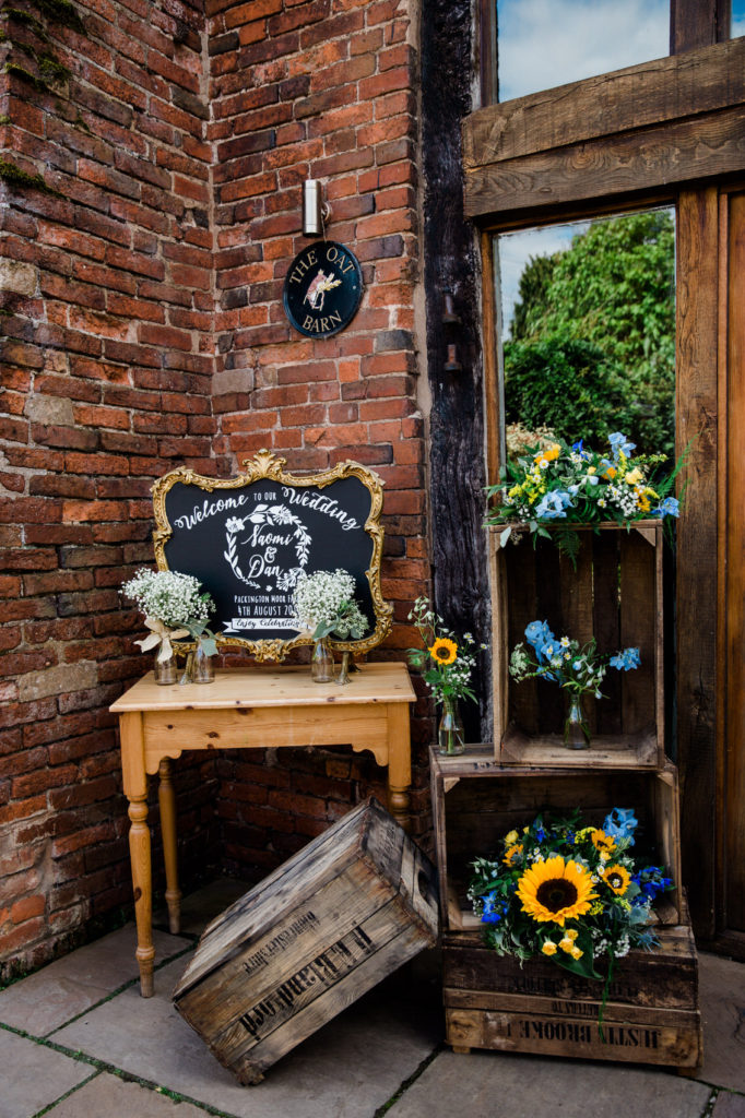 yellow and blue rustic wedding decor