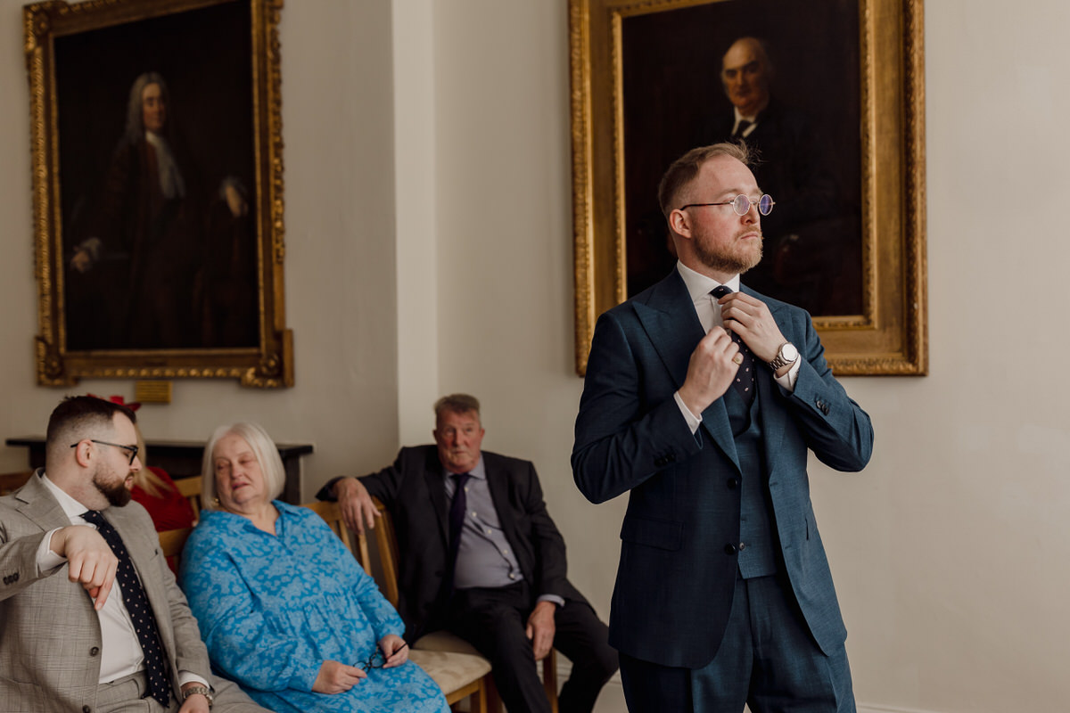 groom just before he gets married at shire hall wedding warwick